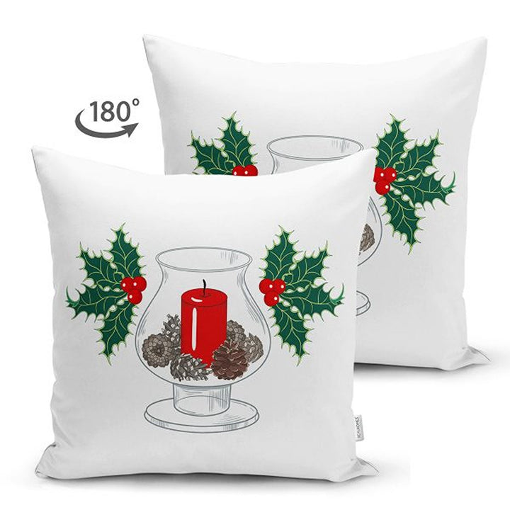 Christmas Pillow Cover|Xmas Candle and Pine Cone Cushion Case|Red White Green Themed Xmas Throw Pillowcase|Winter Trend Housewarming Cushion