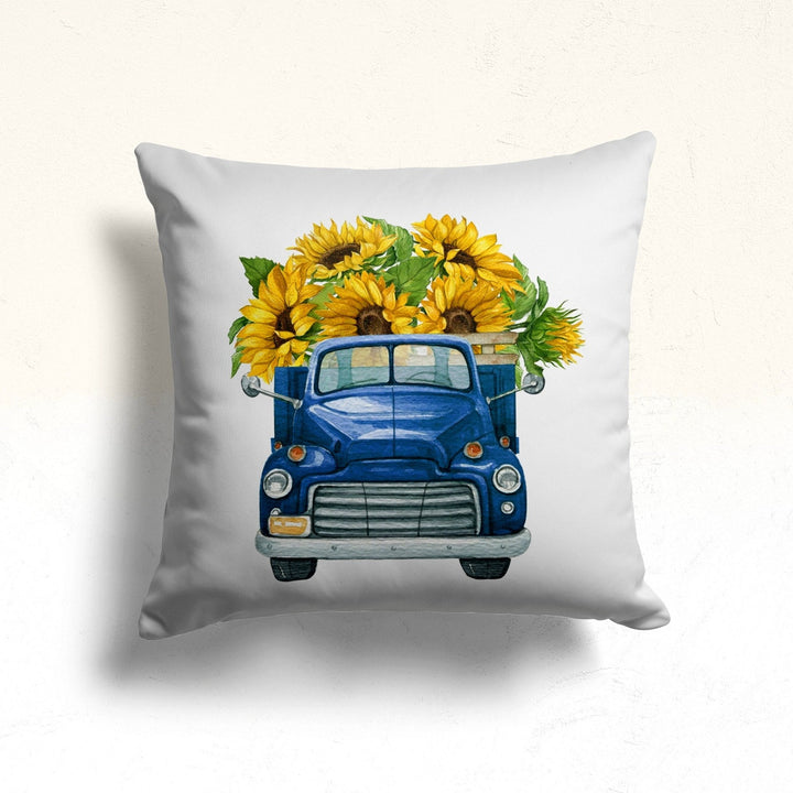 Fall Trend Pillow Cover|Sunflower and Floral Pumpkin Cushion Case|Blue Green Pumpkin Truck Throw Pillow Top|Autumn Outdoor Cushion Case