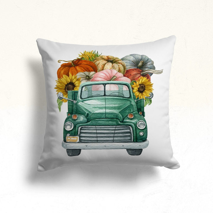 Fall Trend Pillow Cover|Sunflower and Floral Pumpkin Cushion Case|Blue Green Pumpkin Truck Throw Pillow Top|Autumn Outdoor Cushion Case