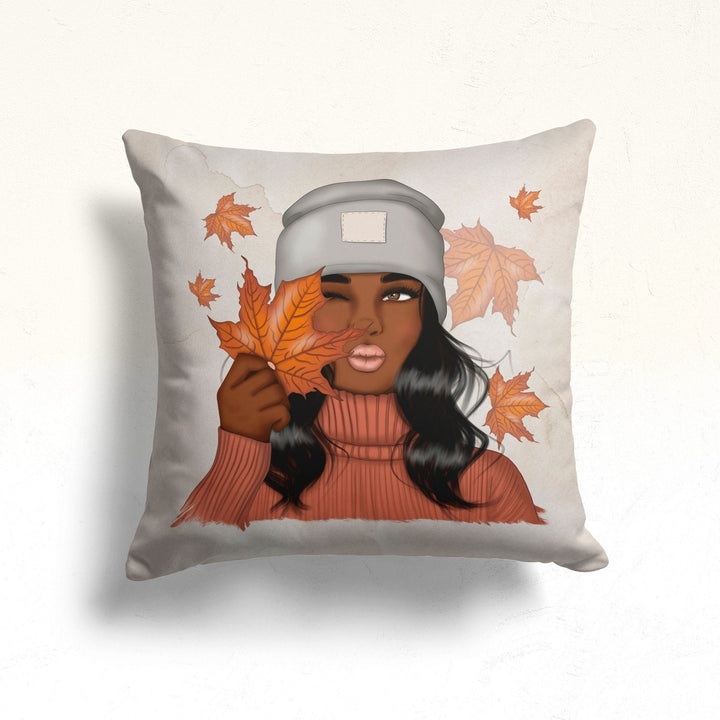 Fall Trend Pillow Cover|Hello Fall Bike Cushion Case|Abstract Autumn Leaf and Daisy Throw Pillow|Brown Girl with Orange Leaves Pillowtop