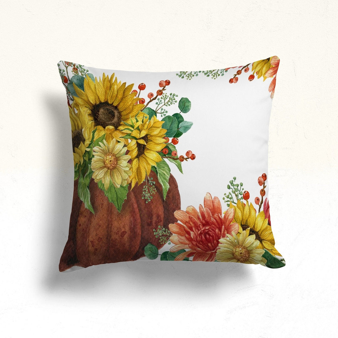 Pumpkin Pillow Cover|Fall Trend Cushion Case|Brown Pink Green White Pumpkin and Sunflower Throw Pillow|Farmhouse Welcome Fall Cushion Cover