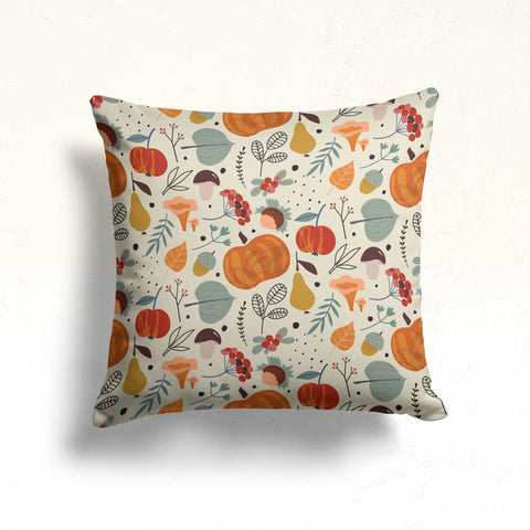 Fall Trend Pillow Cover|Autumn Cushion Case|Farmhouse Pumpkin and Fruits Throw Pillowcase|Housewarming Falling Leaves and Pine Cone Cushion