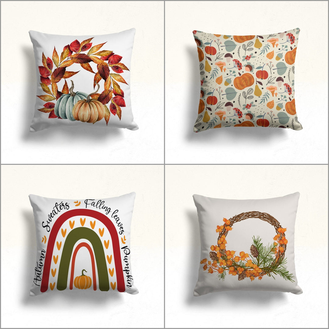 Fall Trend Pillow Cover|Autumn Cushion Case|Farmhouse Pumpkin and Fruits Throw Pillowcase|Housewarming Falling Leaves and Pine Cone Cushion