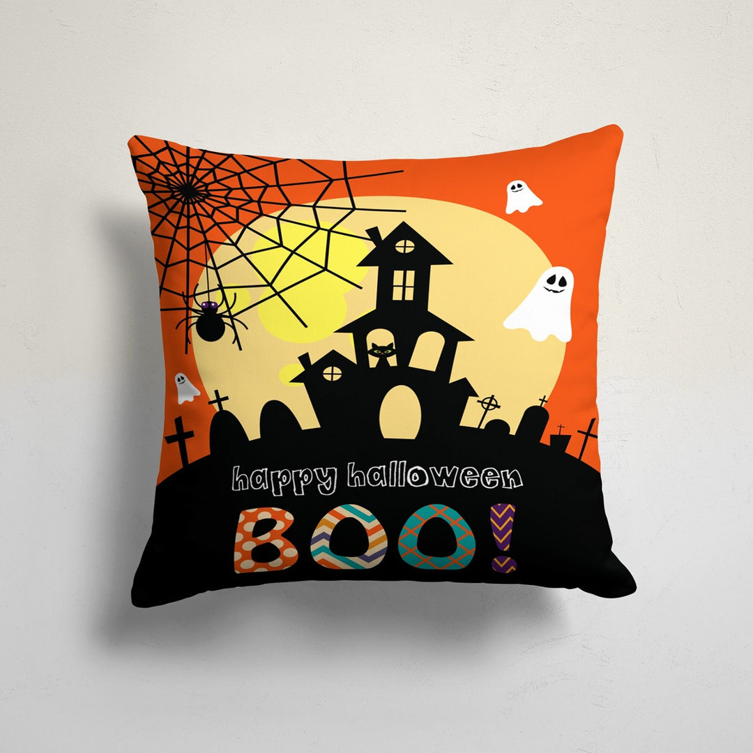 Halloween Pillowcase|Haunted House Cushion Cover|Carved Pumpkin Pillow Sham|Spider Web and Bat Home Decor|Happy Halloween Boo Throw Pillow