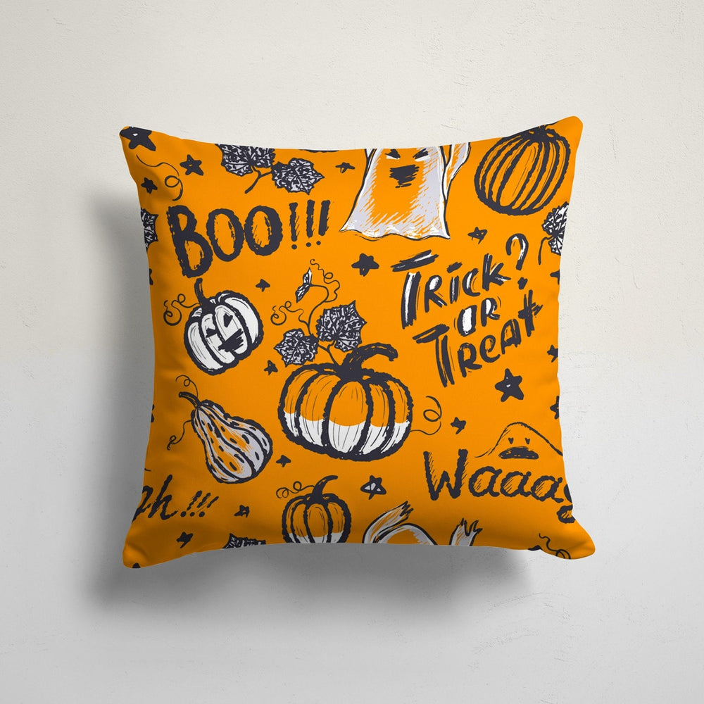 Halloween Pillow Case|Carved Pumpkin and Skull Print Orange Cushion|Black Cat and Bat Cushion Cover|Trick or Treat Boo Throw Pillow Cover