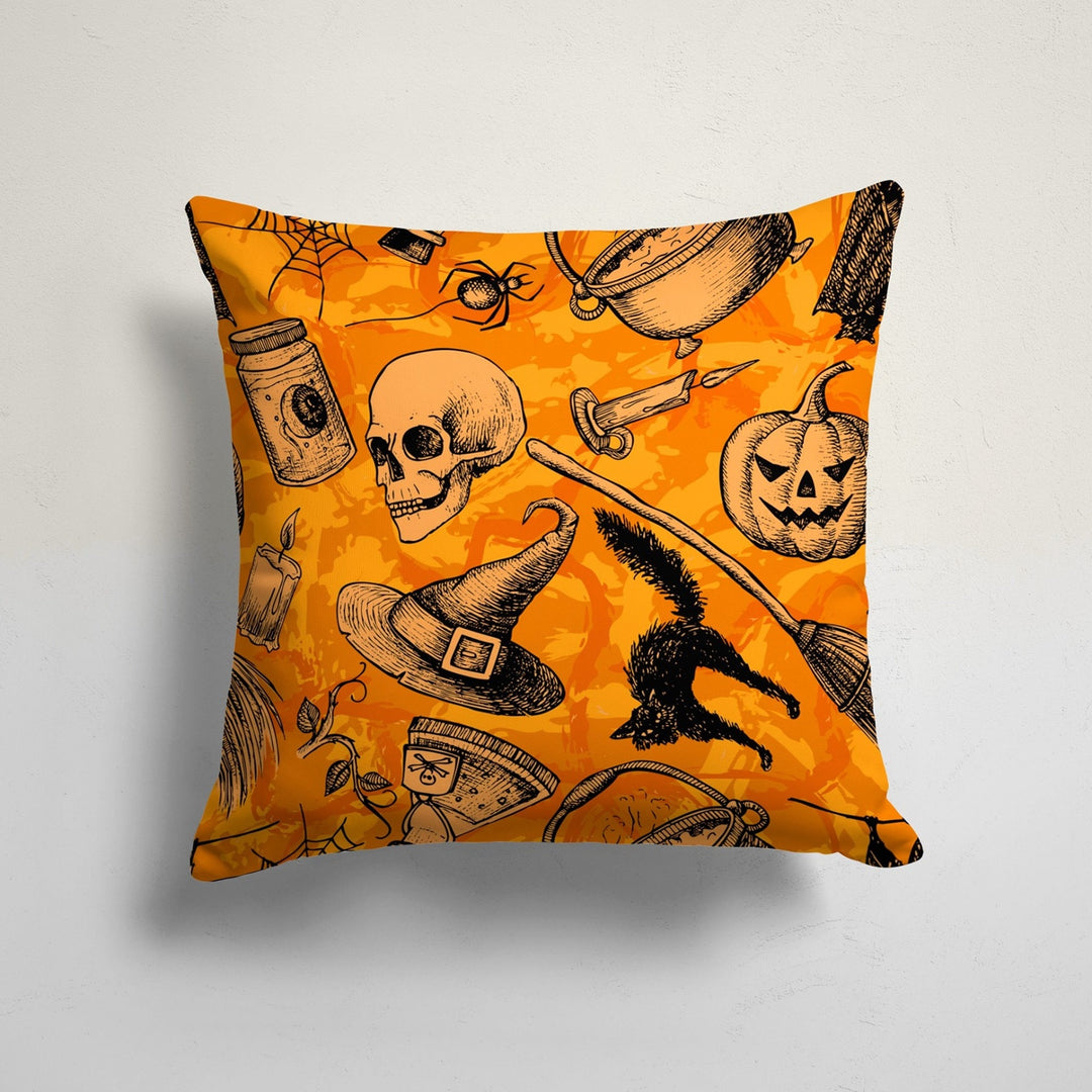 Halloween Pillow Case|Carved Pumpkin and Skull Print Orange Cushion|Black Cat and Bat Cushion Cover|Trick or Treat Boo Throw Pillow Cover