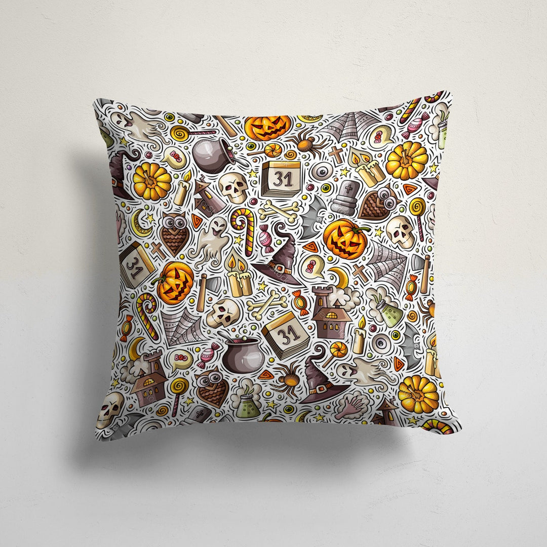 Halloween Pillowcase|Carved Pumpkin and Witch Print Striped Cushion Case|Cute Black Cat and Funny Pumpkin Cushion Cover|Throw Pillow Cover