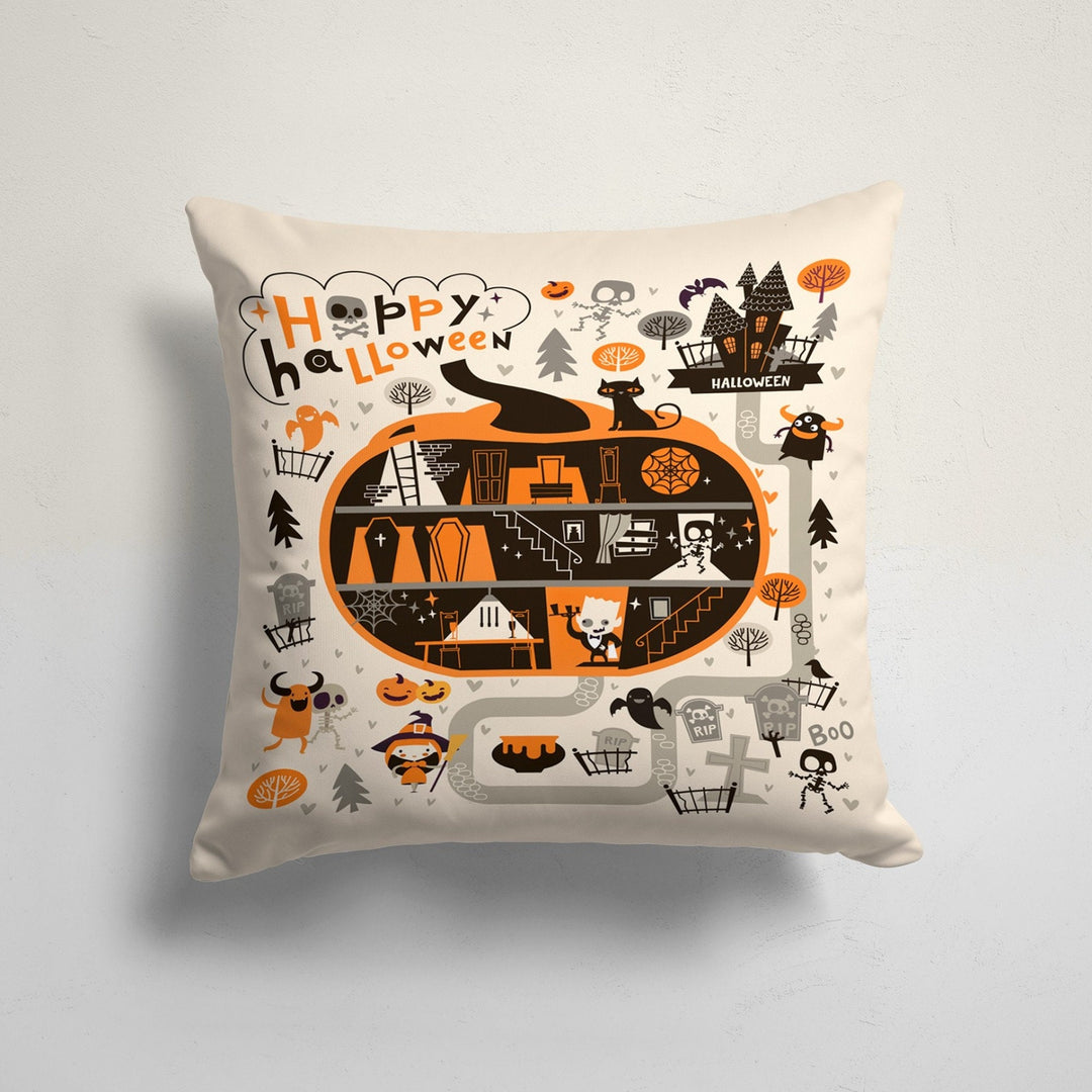 Happy Halloween Pillow Top|Fall Trend Haunted House and Spider Web Pillowcase|Autumn Cushion Case|Scary Throw Pillow|Halloween Party Decor