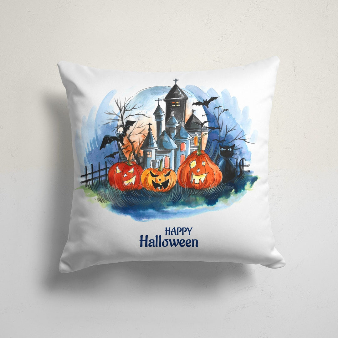 Happy Halloween Cushion Case|Fall Trend Carved Pumpkin and Haunted House Decor|Spider with Witch Hat Throw Pillowcase|Halloween Party Decor