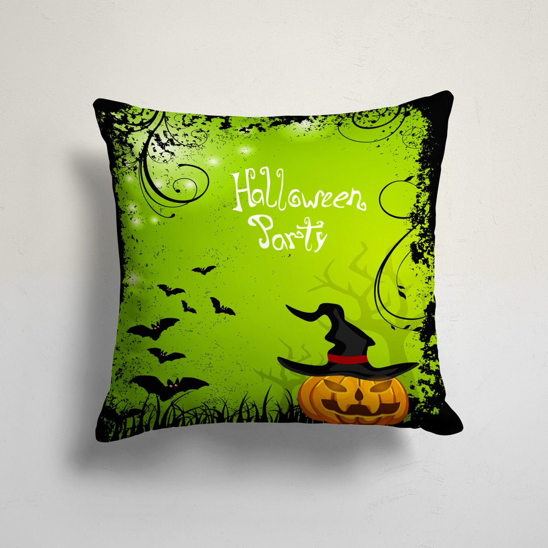 Happy Halloween Cushion Case|Carved Pumpkin and Haunted House Pillowcase|Bat and Ghost Print Green Throw Pillow Cover|Halloween Party Decor