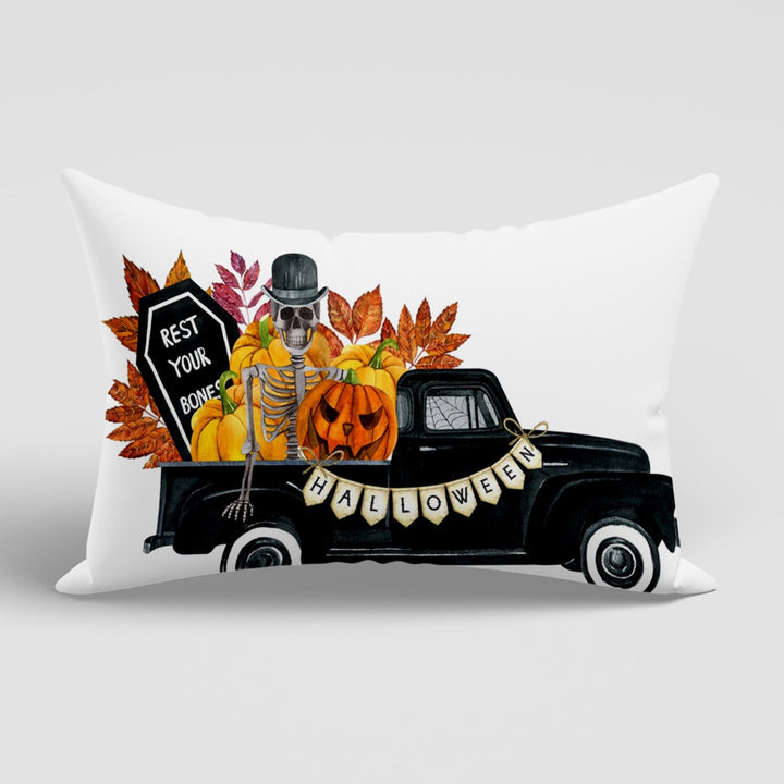 Halloween Cushion Case|Carved Pumpkin Truck and Haunted House Lumbar Pillowcase|Black White Fall Pillow Cover|Happy Halloween Party Decor