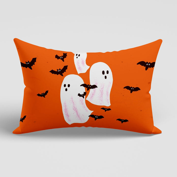 Halloween Cushion Case|White Ghost and Black Cat Lumbar Pillowcase|Happy Halloween Party Decor|Pumpkin and Witch Hat Rectangle Pillow Cover