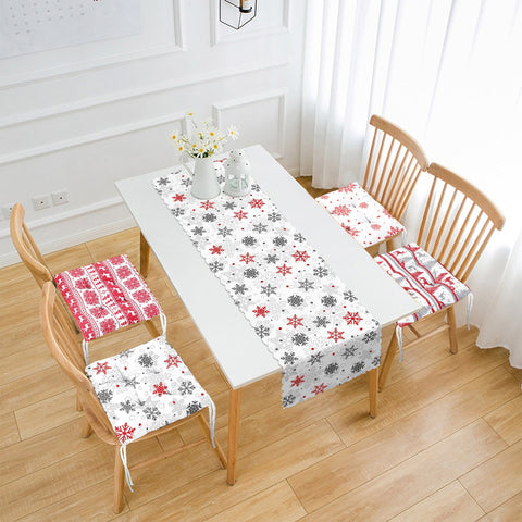 Set of 4 Puffy Chair Pads and 1 Table Runner|Winter Trend Xmas Deer, Tree, Snowflake Seat Pad and Tablecloth|Xmas Chair Cushion and Tabletop