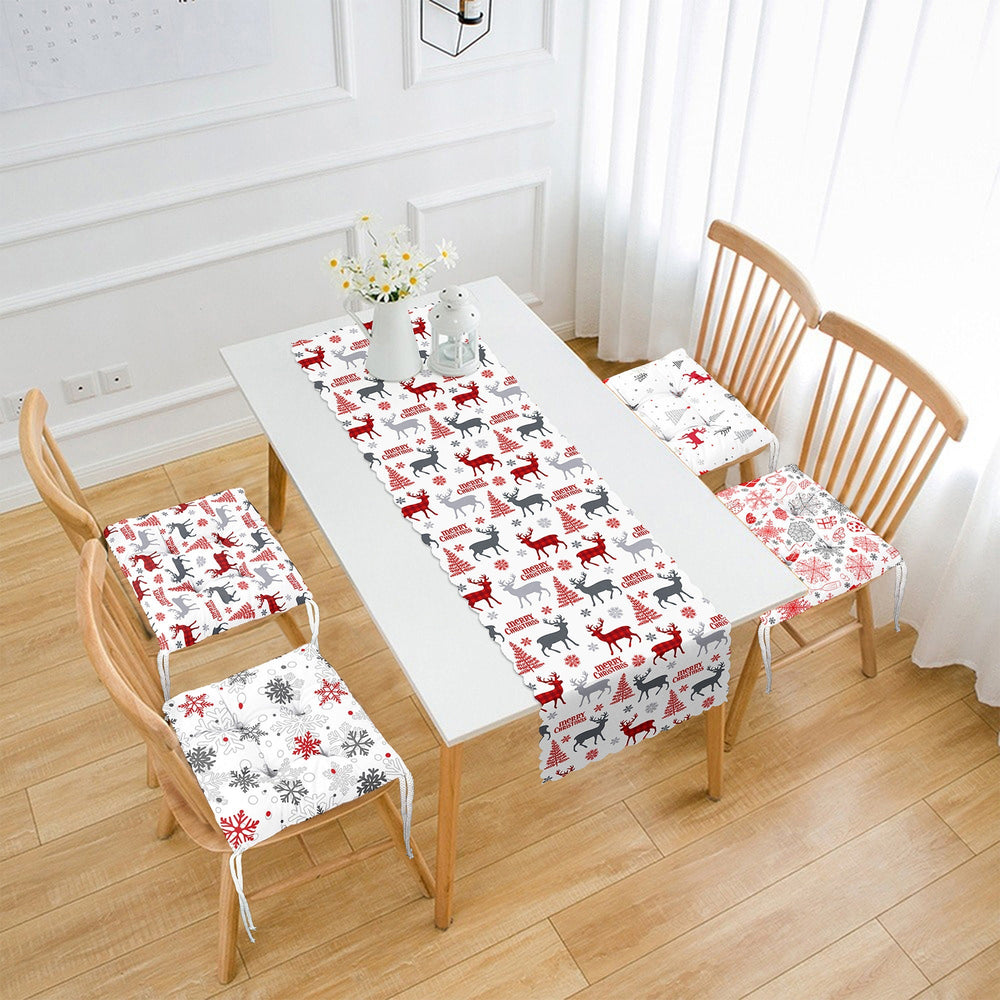 Set of 4 Puffy Chair Pads and 1 Table Runner|Xmas Deer, Tree, Snowflake Seat Pad and Tablecloth|Merry Xmas Chair Cushion Tabletop Set