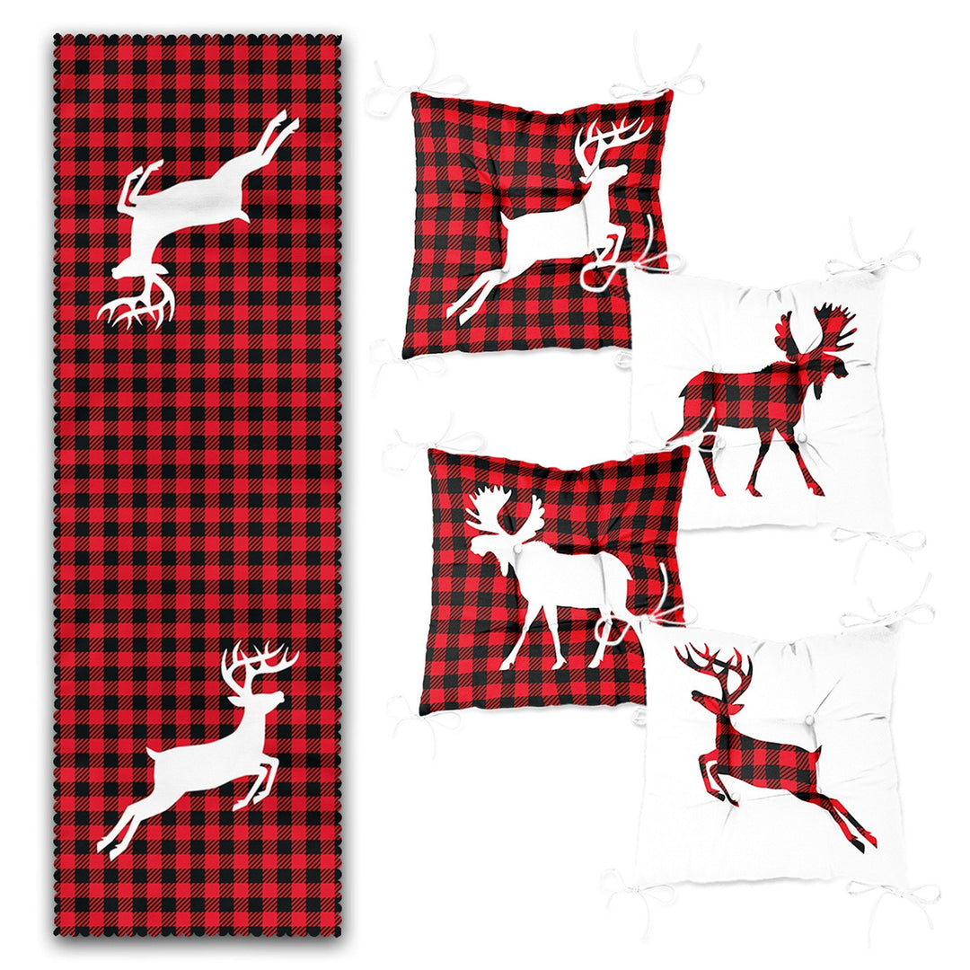 Set of 4 Puffy Chair Pads and 1 Table Runner|Winter Trend Checkered Xmas Deer Seat Pad and Tablecloth|Plaid Xmas Chair Cushion and Tabletop