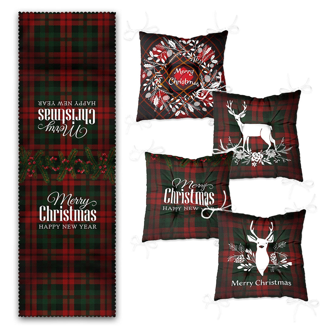 Set of 4 Puffy Chair Pads and 1 Table Runner|Merry Christmas Deer Seat Pad and Tablecloth|Plaid Happy New Year Chair Cushion and Tabletop