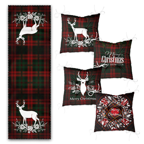 Set of 4 Puffy Chair Pads and 1 Table Runner|Merry Christmas Deer Seat Pad and Tablecloth|Plaid Happy New Year Chair Cushion and Tabletop