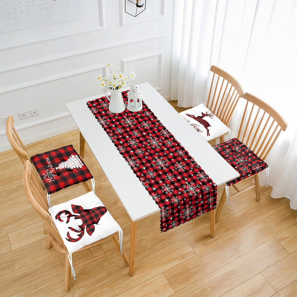 Set of 4 Puffy Chair Pads and 1 Table Runner|Winter Trend Checkered Merry Xmas Deer Seat Pad|Plaid Snowflake Chair Cushion and Tablecloth