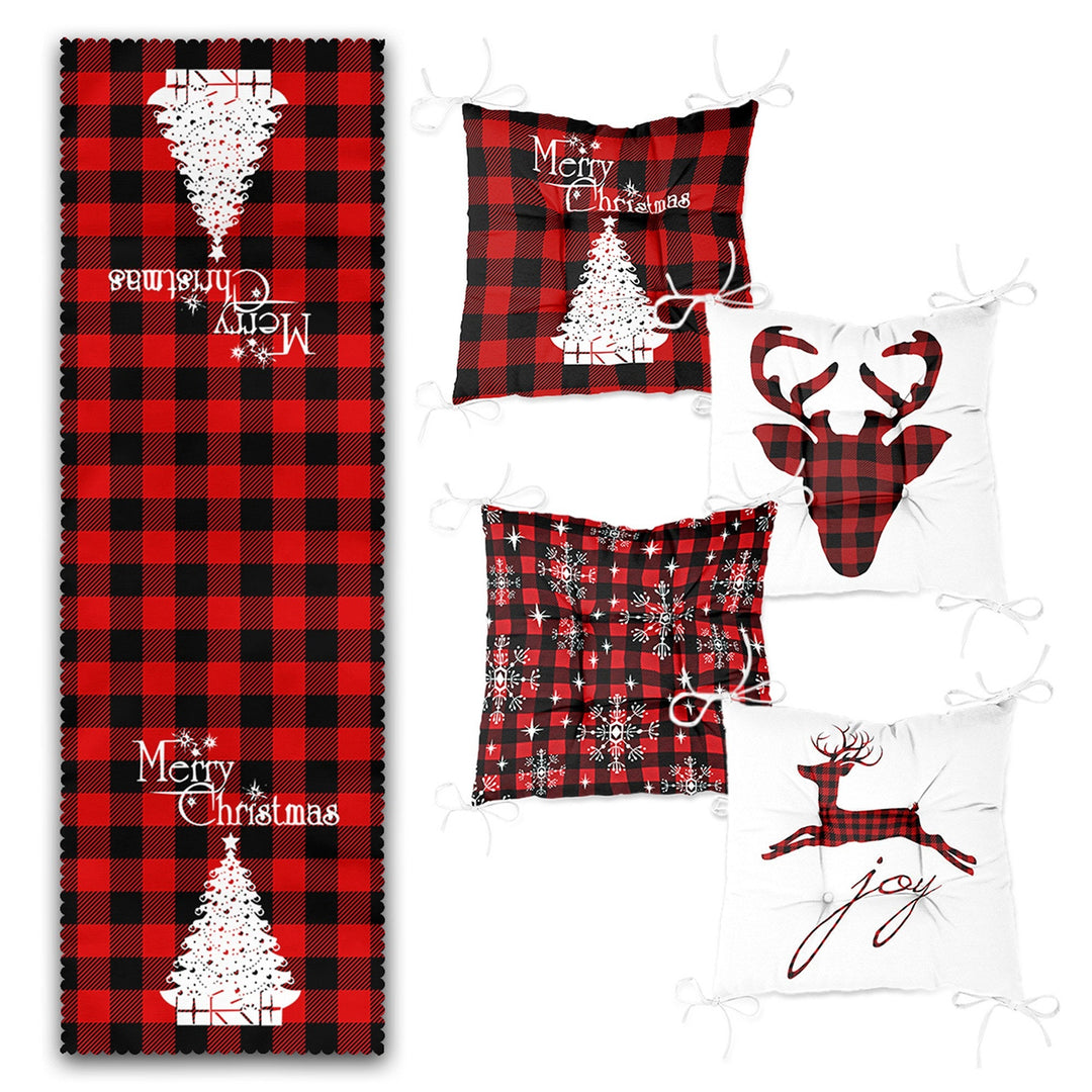 Set of 4 Puffy Chair Pads and 1 Table Runner|Winter Trend Checkered Merry Xmas Deer Seat Pad|Plaid Snowflake Chair Cushion and Tablecloth