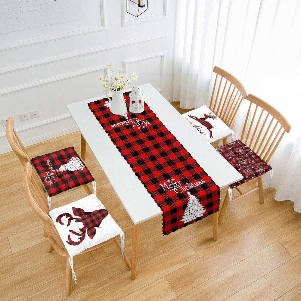 Set of 4 Puffy Chair Pads and 1 Table Runner|Winter Trend Checkered Merry Xmas Deer Seat Pad|Plaid Snowflake Chair Cushion and Tablecloth