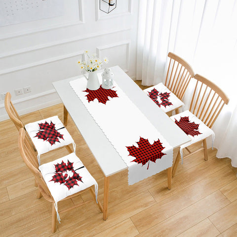 Set of 4 Puffy Chair Pads and 1 Table Runner|Winter Trend Checkered Xmas Leaves Seat Pad Tablecloth|Plaid Xmas Deer Chair Cushion Tabletop