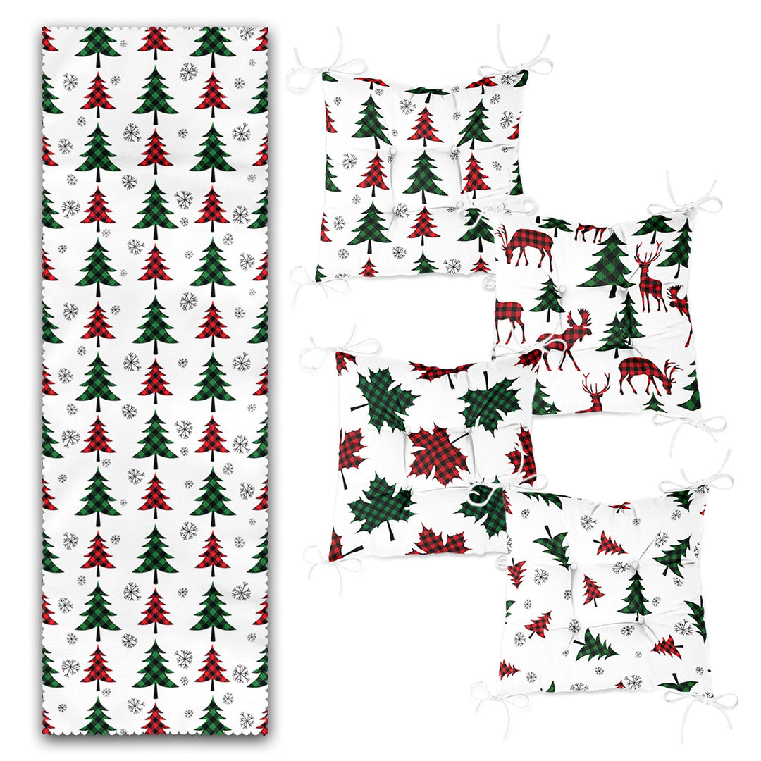 Set of 4 Puffy Chair Pads and 1 Table Runner|Winter Trend Xmas Deer Seat Pad and Tablecloth|Checkered Pine Tree Leaf Chair Cushion Tabletop