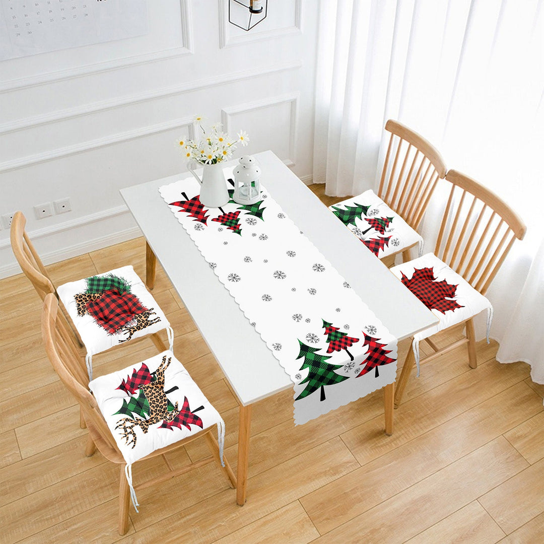 Set of 4 Puffy Chair Pads and 1 Table Runner|Winter Trend Xmas Deer Seat Pad and Tablecloth|Checkered Pine Tree Leaf Snowflake Chair Cushion