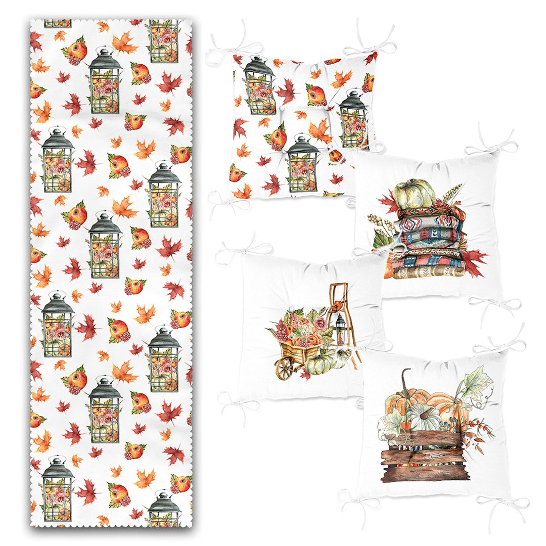 Set of 4 Puffy Chair Pads and 1 Table Runner|Fall Trend Chair Cushion and Tabletop Set|Pumpkin, Dry Leaves Autumn Seat Pad and Tablecloth