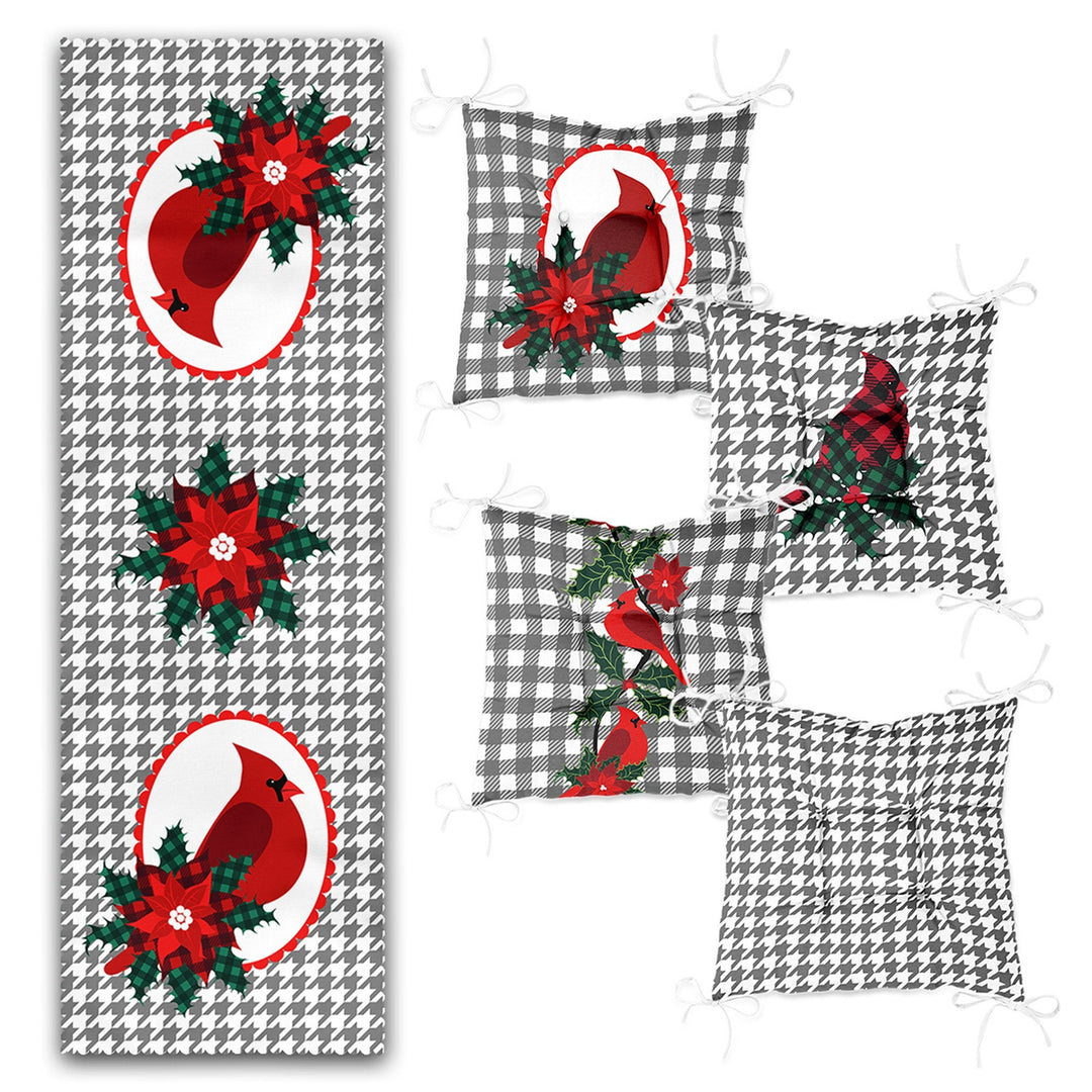 Set of 4 Puffy Chair Pads and 1 Table Runner|Winter Trend Seat Pad and Tablecloth|Plaid Red Cardinal Bird and Poinsettia Xmas Table Decor