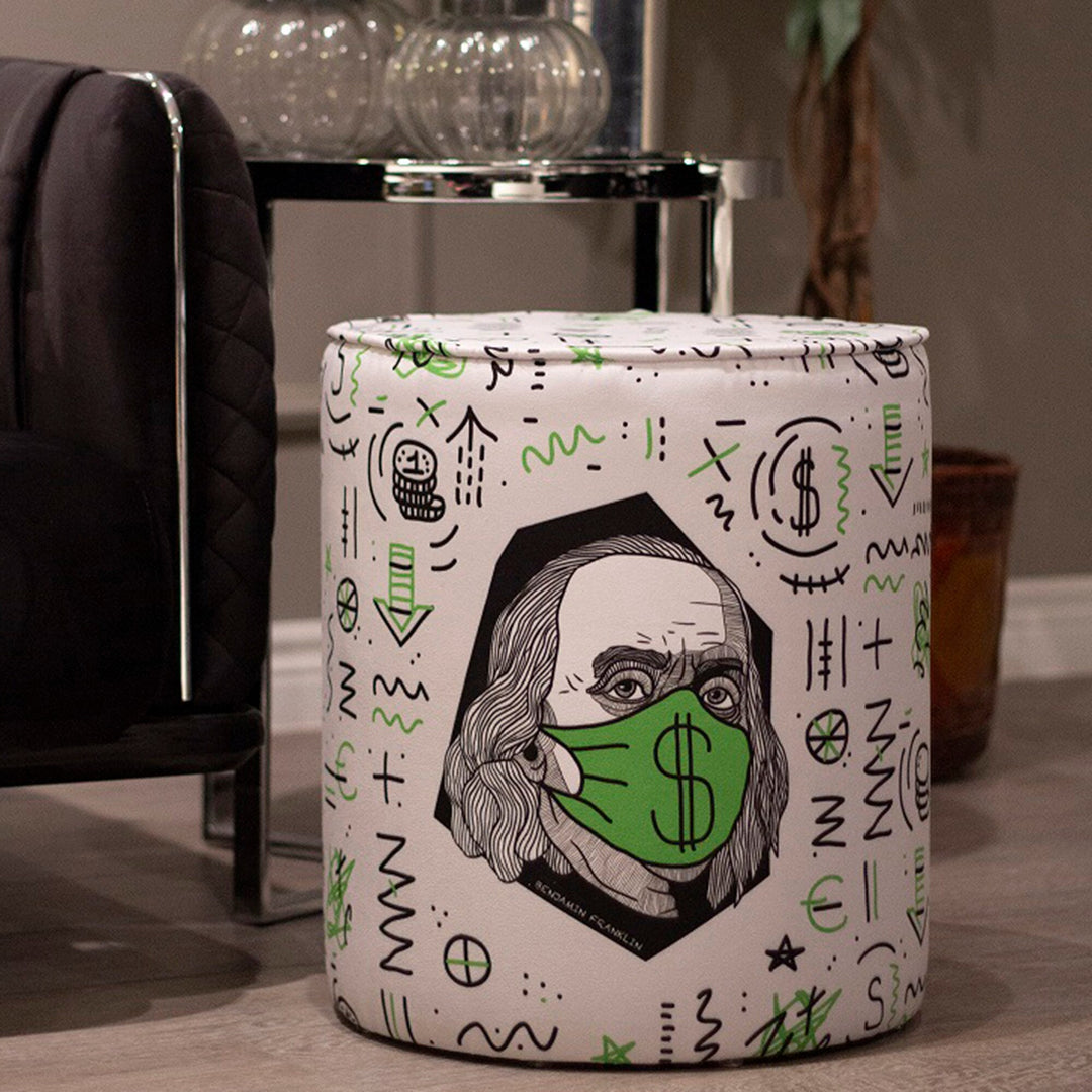 Portrait Round Pouf|Wooden Frame Pouf Chair|Benjamin Franklin with Dolar Mask Footstool|Suede Circle Seat|Decorative Cozy Room Chair Stool