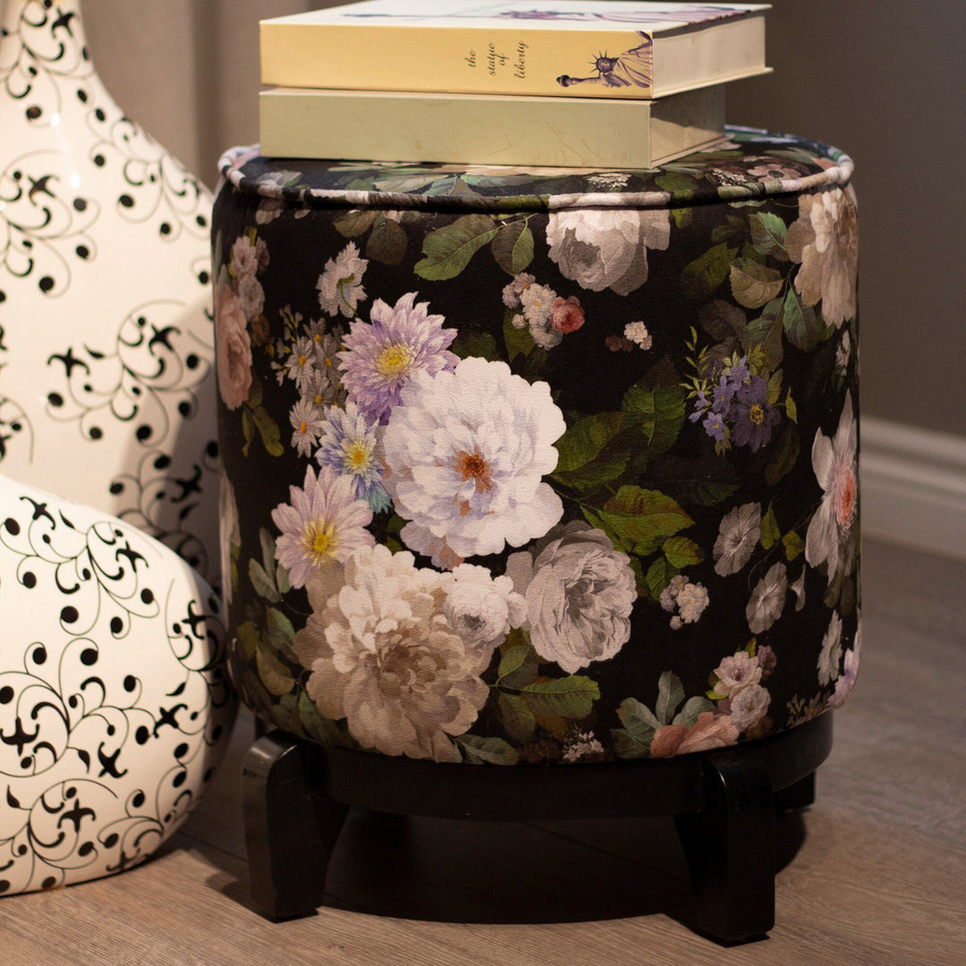 Floral Round Pouf|Pouf Chair with Wooden Frame and Legs|Decorative Floral Footstool|Suede Circle Seat with Flower Print|Ottoman Chair Stool