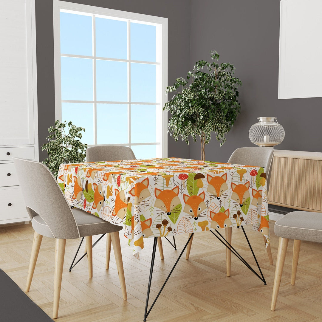 Fall Trend Tablecloth|Orange Fox and Acorn Tabletop|Housewarming Dry Leaves Table Cover|Farmhouse Autumn Table Decor|Rectangle Tablecloth