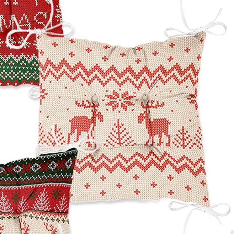 Set of 4 Puffy Chair Pads and 1 Table Runner|Merry Christmas Seat Pad Tablecloth|Pixel Art Xmas Tree Deer Snowflake Seat Cushion Tabletop