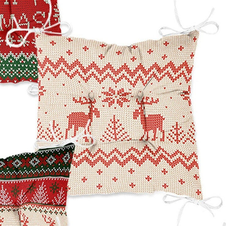 Set of 4 Puffy Chair Pads and 1 Table Runner|Merry Christmas Seat Pad Tablecloth|Pixel Art Xmas Tree Deer Snowflake Seat Cushion Tabletop