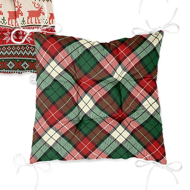 Set of 4 Puffy Chair Pads and 1 Table Runner|Merry Christmas Seat Pad Tablecloth|Pixel Art Xmas Tree Deer Snowflake Seat Cushion Tabletop