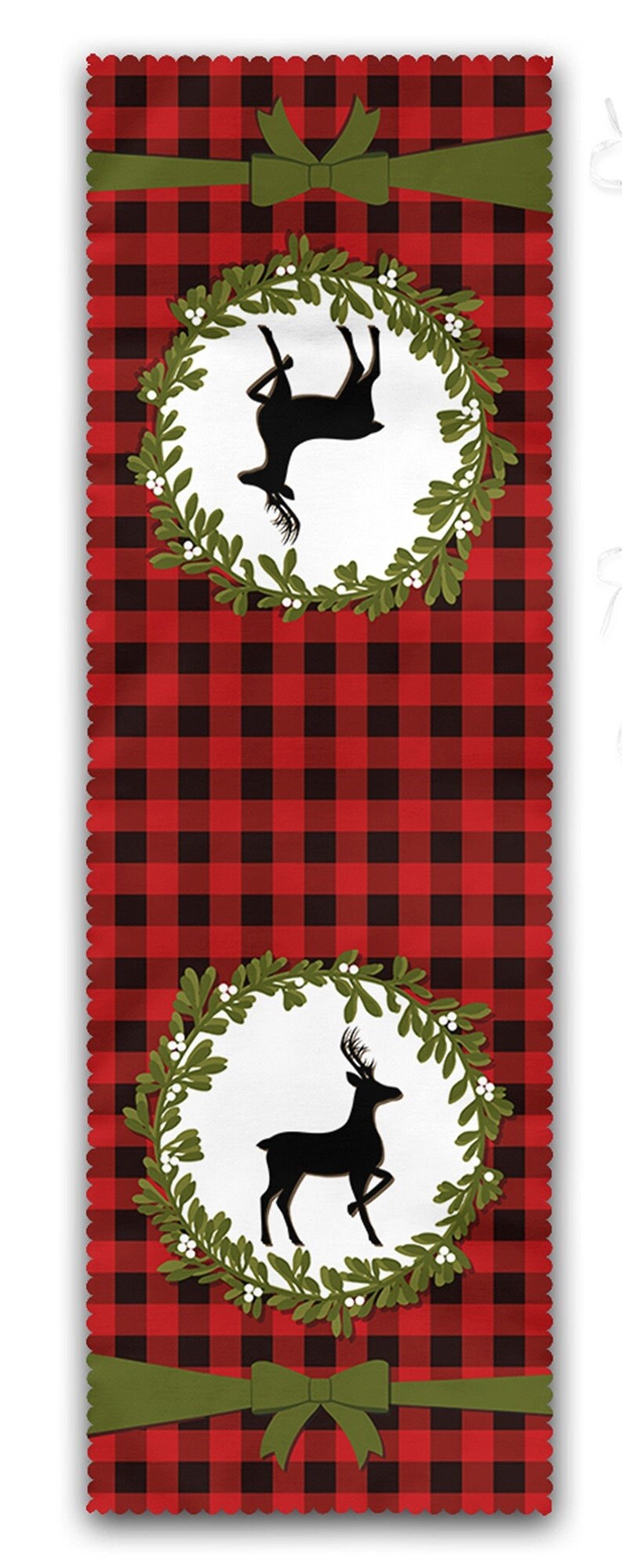 Set of 4 Puffy Chair Pads and 1 Table Runner|Checkered Xmas Deer and Leaves Seat Pad Tablecloth|Plaid Merry Xmas Chair Cushion Tabletop Set