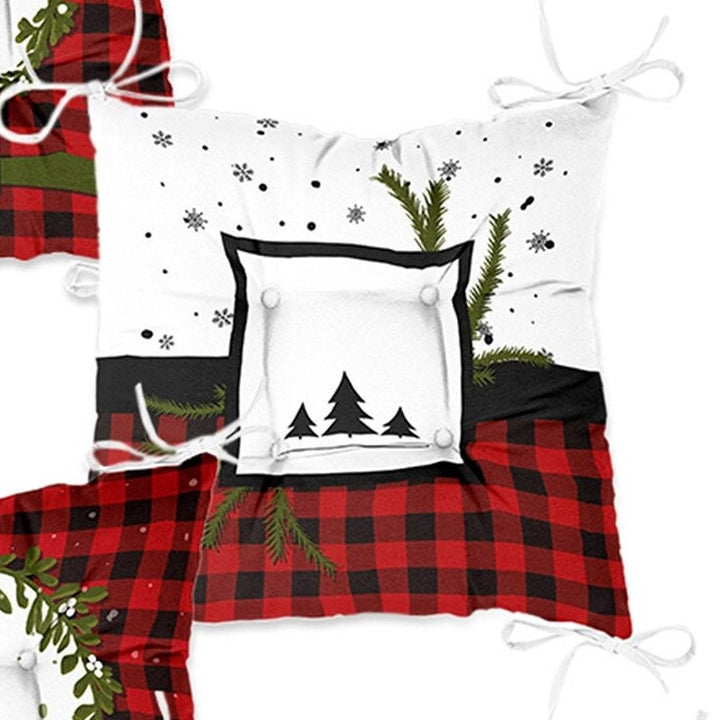 Set of 4 Puffy Chair Pads and 1 Table Runner|Checkered Xmas Deer and Leaves Seat Pad Tablecloth|Plaid Merry Xmas Chair Cushion Tabletop Set