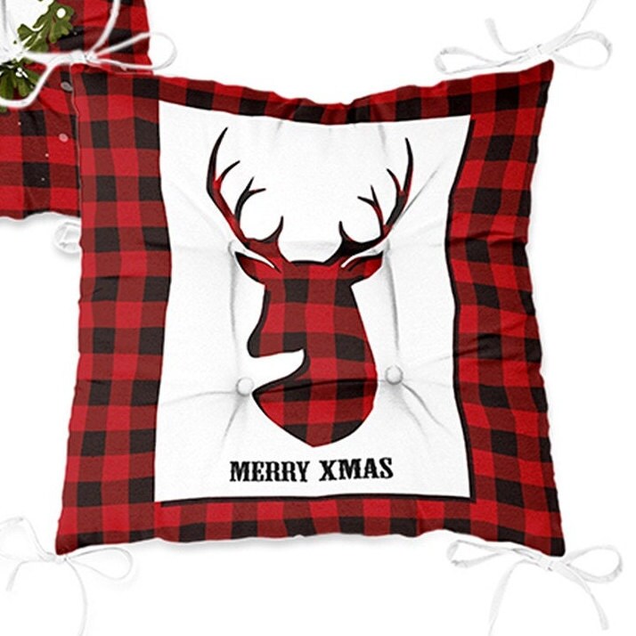 Set of 4 Puffy Chair Pads and 1 Table Runner|Checkered Xmas Deer and Leaves Seat Pad Tablecloth|Plaid Merry Xmas Chair Cushion Tabletop Set