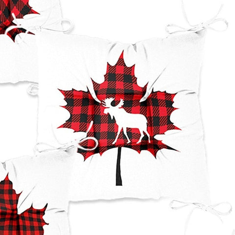 Set of 4 Puffy Chair Pads and 1 Table Runner|Winter Trend Checkered Xmas Leaves Seat Pad Tablecloth|Plaid Xmas Deer Chair Cushion Tabletop