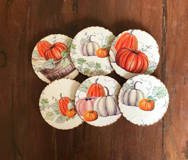 Thanksgiving Coaster Set of 6|Fall Pumpkins and Leaves|Wooden Autumn Decor|Hand Painted Harvest Pumpkin Coasters|Handmade Halloween Decor