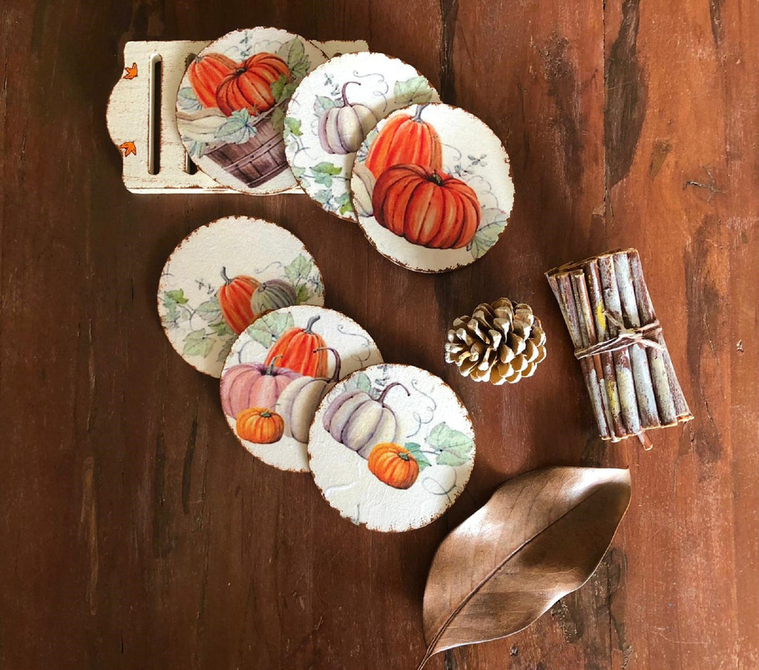 Thanksgiving Coaster Set of 6|Fall Pumpkins and Leaves|Wooden Autumn Decor|Hand Painted Harvest Pumpkin Coasters|Handmade Halloween Decor