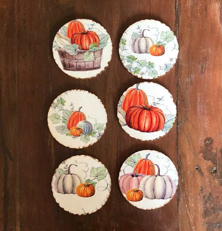 Thanksgiving Coaster Set of 6|Fall Pumpkins and Leaves|Wooden Autumn Decor|Hand Painted Harvest Pumpkin Coasters|Handmade Halloween Decor