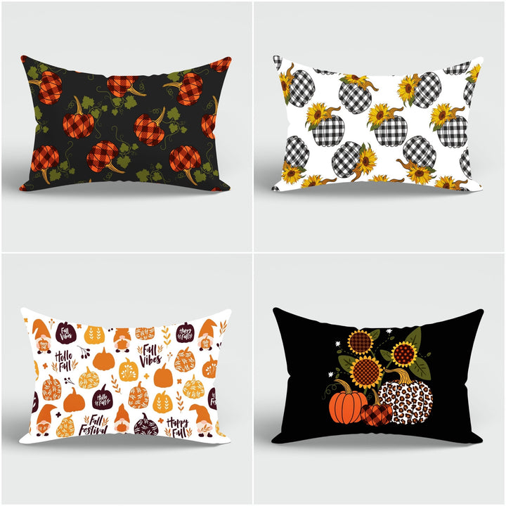 Fall Trend Cushion Case|Autumn Lumbar Pillow Cover|Thanksgiving Pillow Case|Checkered Pumpkin, Sunflower Cushion|Rectangle Lumbar Pillowtop