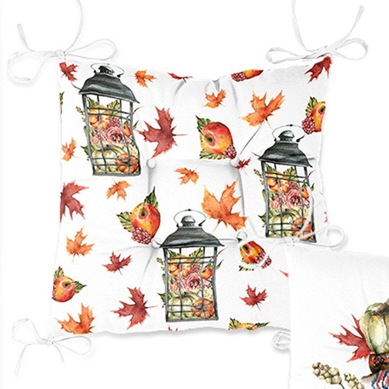 Set of 4 Puffy Chair Pads and 1 Table Runner|Fall Trend Chair Cushion and Tabletop Set|Pumpkin, Dry Leaves Autumn Seat Pad and Tablecloth