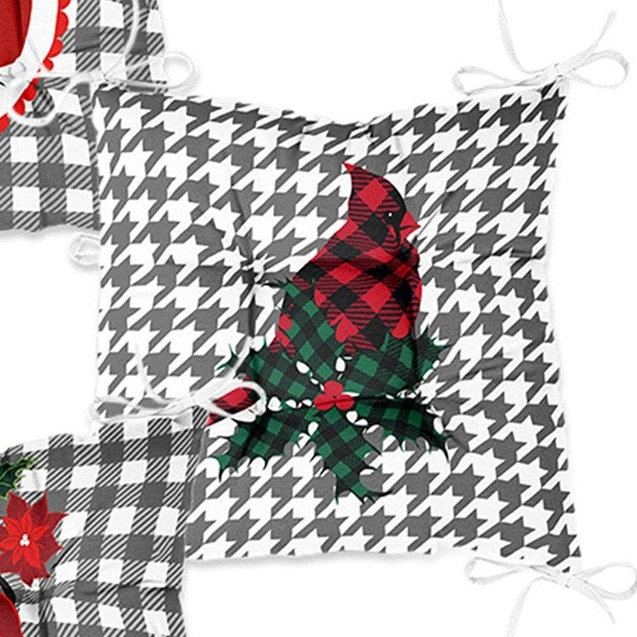 Set of 4 Puffy Chair Pads and 1 Table Runner|Winter Trend Seat Pad and Tablecloth|Plaid Red Cardinal Bird and Poinsettia Xmas Table Decor