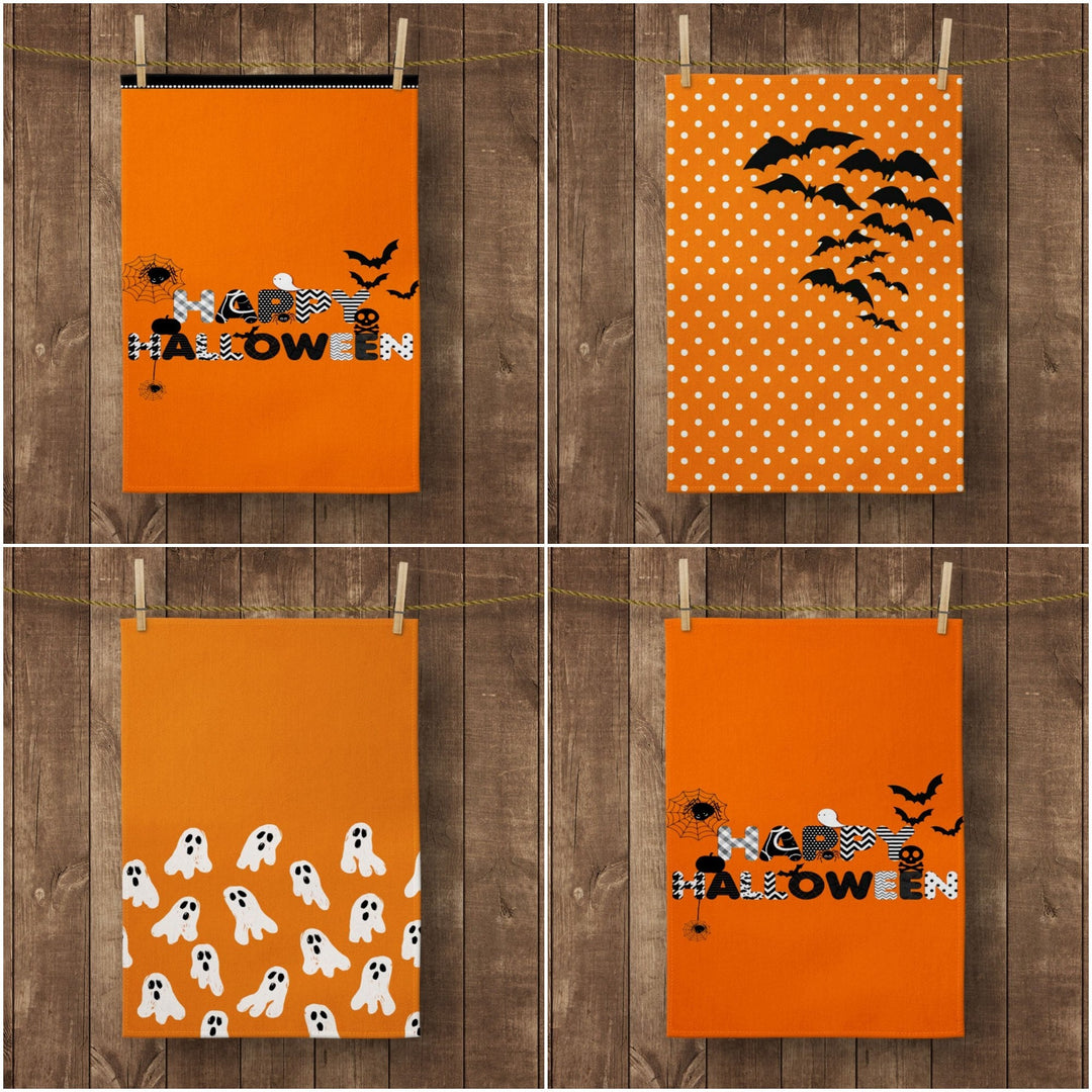 Halloween Kitchen Towel|Ghost Print Dish Towel|Bat and Happy Halloween Hand Towel|Decorative Tea Towel|Autumn Trend Orange Black Hand Towel