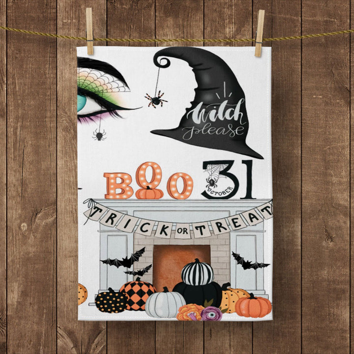 Halloween Kitchen Towel|Black Cat Dish Towel|Trick or Treat Print Hand Towel|Decorative Tea Towel|Autumn Trend Ghost and Spider Hand Towel