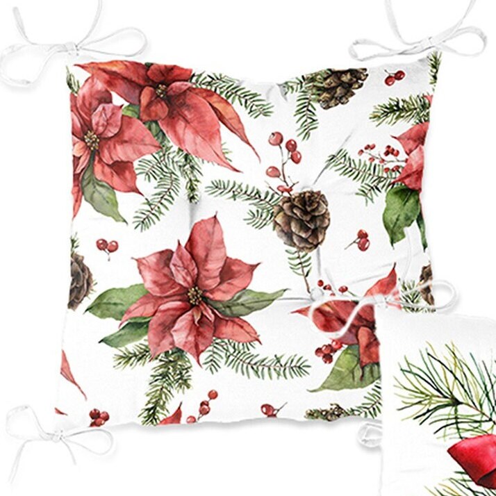 Set of 4 Puffy Chair Pads and 1 Table Runner|Winter Trend Seat Pad and Tablecloth|Pine Cone and Red Poinsettia Xmas Tabletop Chair Cushion