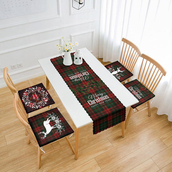 Set of 4 Xmas Chair Pads and 1 Table Runner|Merry Christmas Deer Seat Pad and Tablecloth|Plaid Happy New Year Chair Cushion and Tabletop