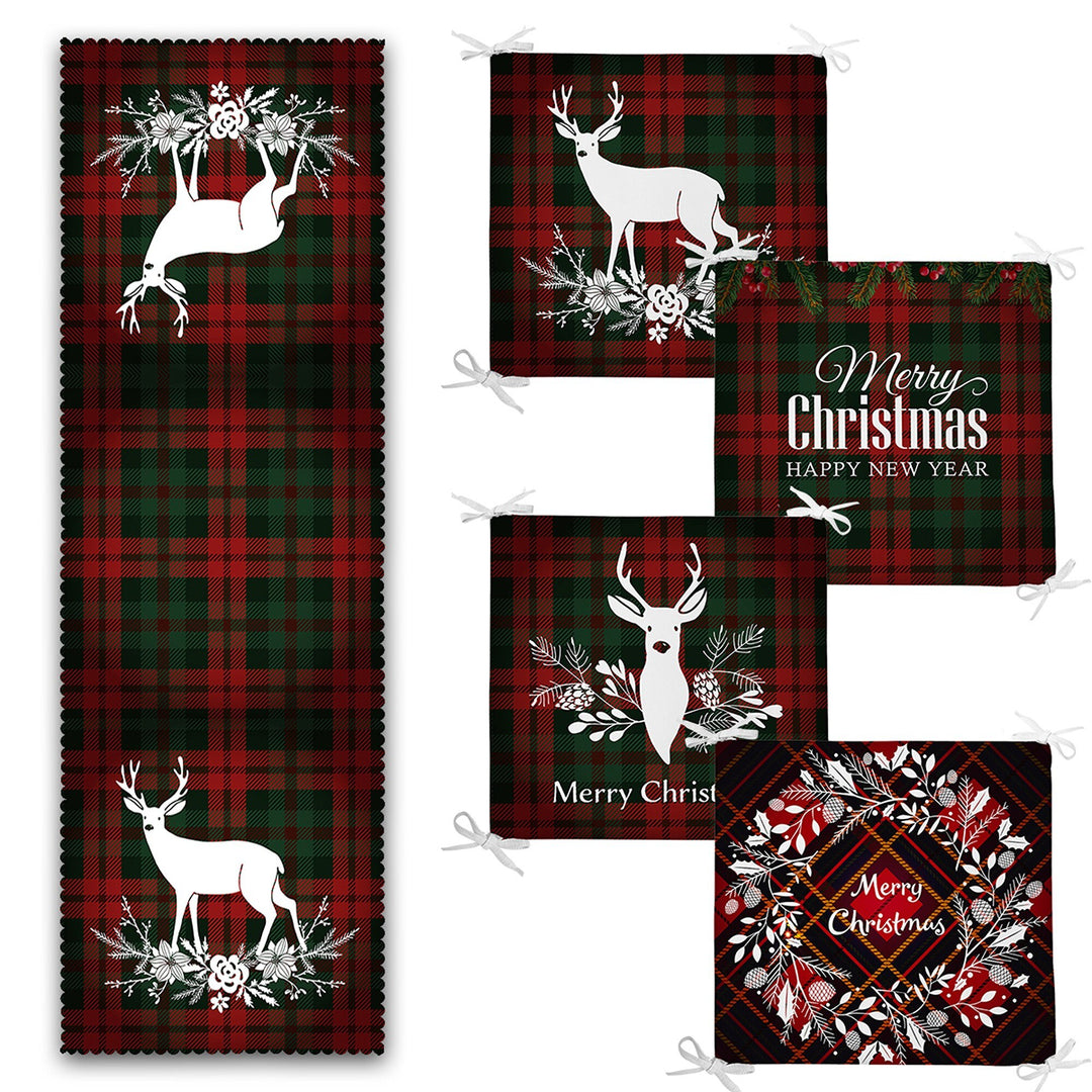 Set of 4 Xmas Chair Pads and 1 Table Runner|Merry Christmas Deer Seat Pad and Tablecloth|Plaid Happy New Year Chair Cushion and Tabletop